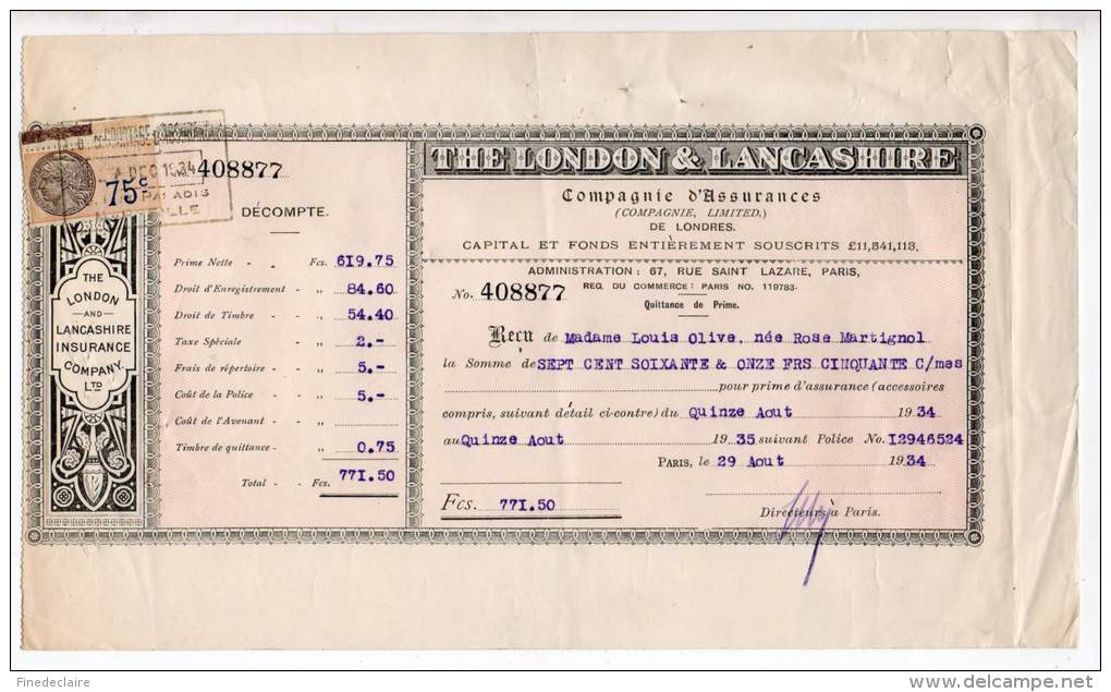 Compagnie D'Assurances (Compgnie Lilited) De London - The London And Lancashire Insurance - 1934 - Royaume-Uni