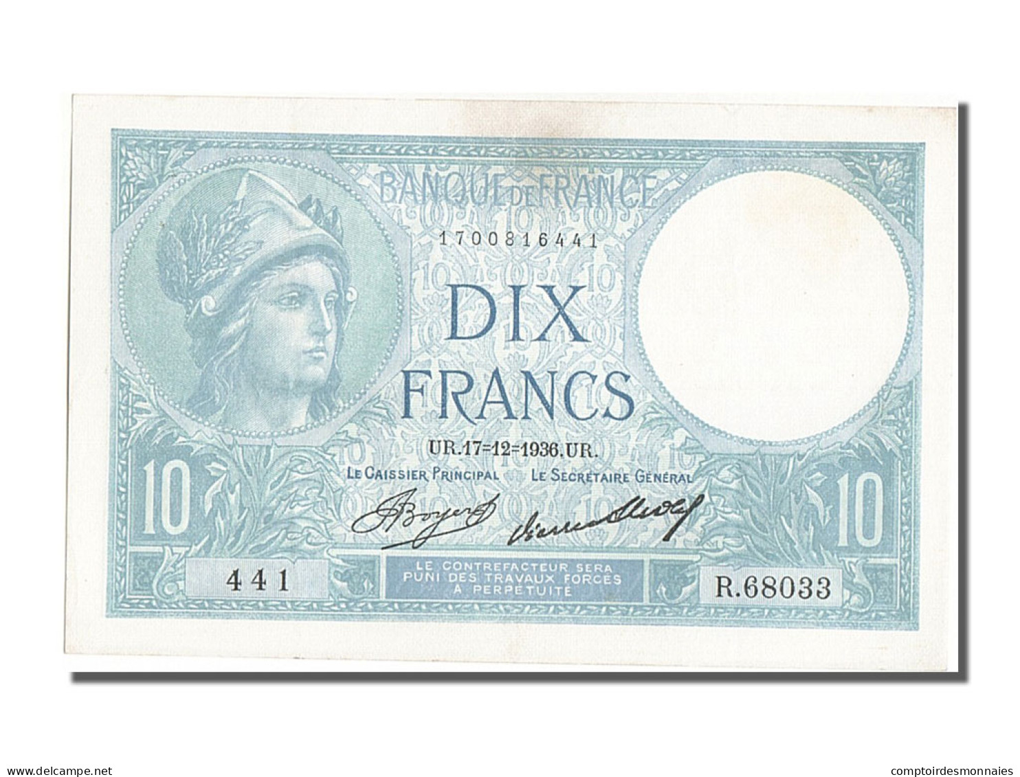 Billet, France, 10 Francs, 10 F 1916-1942 ''Minerve'', 1936, 1936-12-17, SUP - 10 F 1916-1942 ''Minerve''