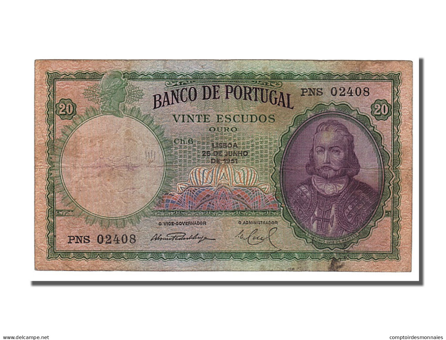 Billet, Portugal, 20 Escudos, 1951, 1951-06-26, TB+ - Portugal