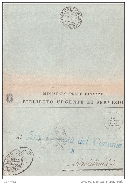 1941 BIGLIETTO URGENTE DI SERVIZIO CON ANNULLO CASTELLINALDO CUNEO - Storia Postale