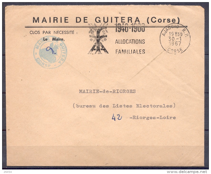 GUITERA Corse    Lettre  Et CACHET De Mairie   Secap De  AJACCIO R.P.    Le 30 1 1967  Pour 42 RIORGES - Sellado Mecánica (Otros)