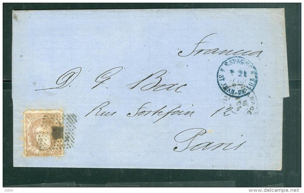 ESPAGNE YVERT N°112 Sur Lac De Zaragoza  Pour Paris En 1872     Phi15124 - Storia Postale