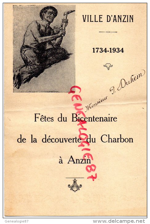 59 - ANZIN - BEAU MENU DES FETES DU BICENTENAIRE DE LA DECOUVERTE DU CHARBON-1734-1934- MINEUR MINES- FLANDIN MINISTRE - Menükarten