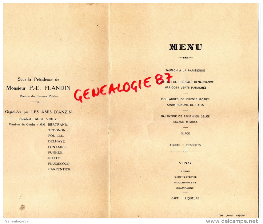 59 - ANZIN - BEAU MENU DES FETES DU BICENTENAIRE DE LA DECOUVERTE DU CHARBON-1734-1934- MINEUR MINES- FLANDIN MINISTRE - Menükarten