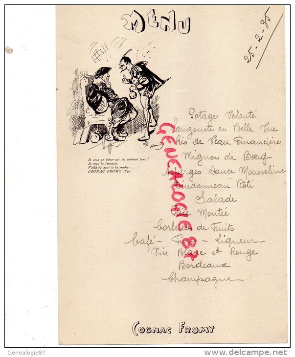 16 - COGNAC - BEAU MENU COGNAC FROMY - 25 FEVRIER 1935- FAUST VEUT LA JEUNESSE - Menükarten