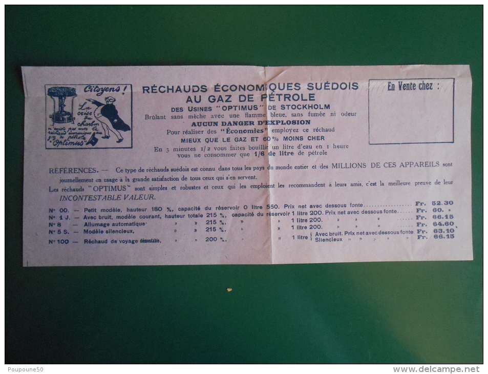 Publicité Et Tarif  Vers1920  LES RECHAUDS OPTIMUS Au Gaz De Pétrole - Des Usines De STOCKHOLM - Advertising