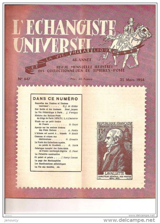 ECHANGISTE UNIVERSEL "LA VIE PHILATELIQUE 48`ANNEE DU 25 MARS 1954"REF 15220 - French (from 1941)