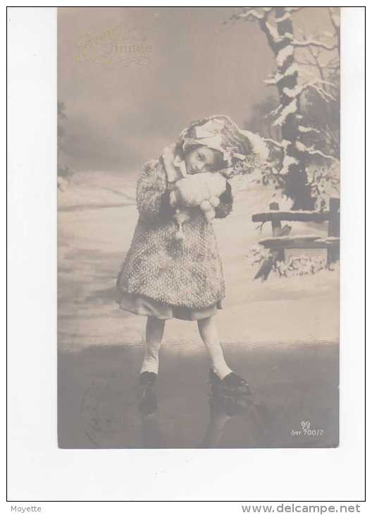 CPA-FANTAISIE-1911-BONNE ANNEE-ENFANTS-1 FILLETTE QUI FAIT DU PATIN A GLACE - Nieuwjaar