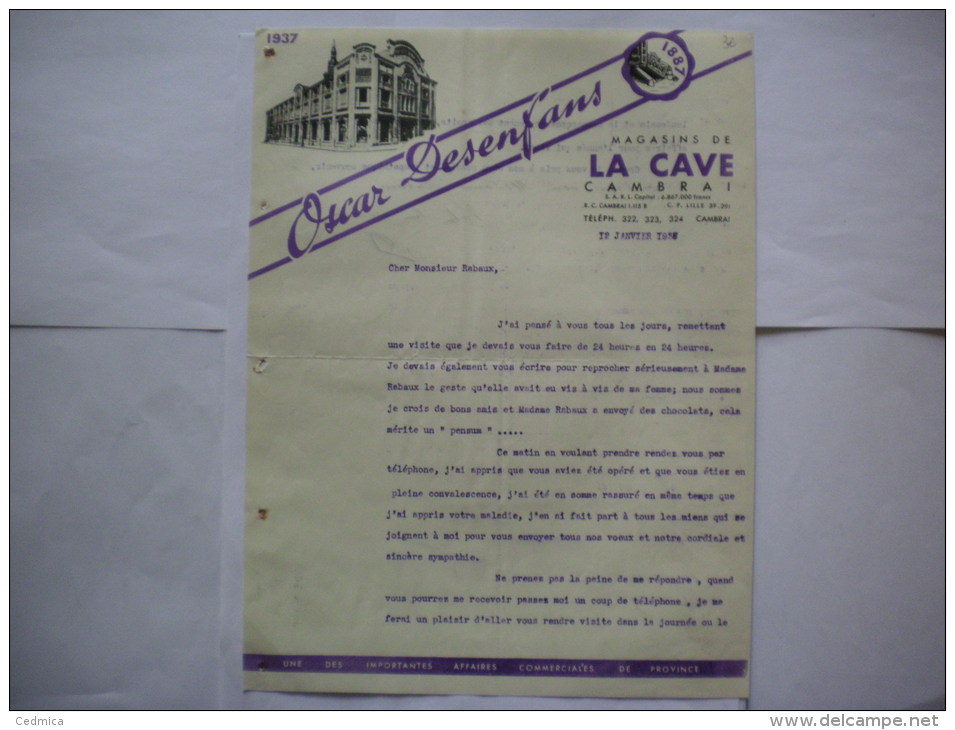 CAMBRAI OSCAR DESENFANS LA CAVE COURRIER DU 12 JANVIER 1938 - 1900 – 1949