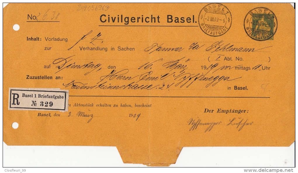 Civilgericht Basel 2.3.1909 "Recommandé N° 329" (eingeschrieben) - Stamped Stationery