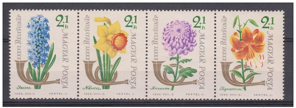 Hungary, Magyar Posta, 1963, Stamp Day, Flowers, 4 Strip, MNH, *** - Andere & Zonder Classificatie