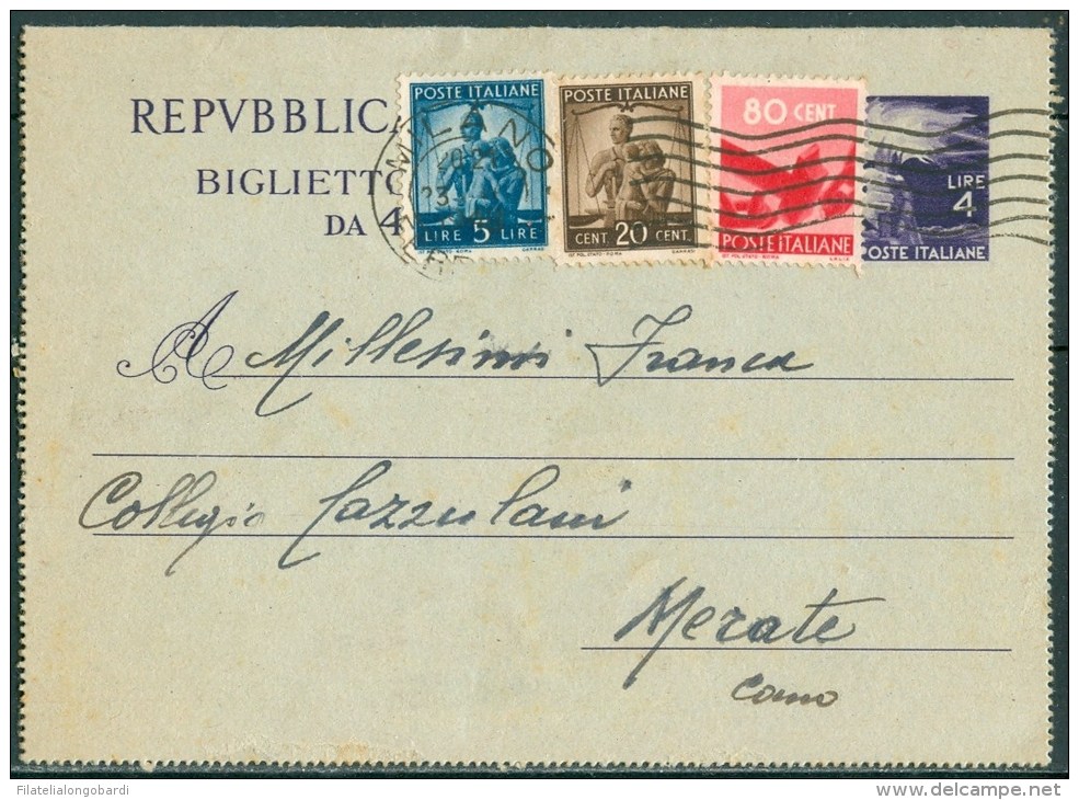 1948 23 Feb. Repubblica Biglietto Postale 4l.da Milano Per Merate Con Francobolli Aggiunti Tariffa 10l. -DB13 - Interi Postali