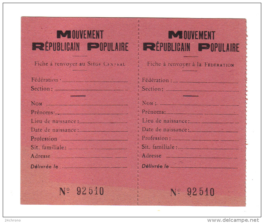 Fiche Vierge Du MRP, Mouvement Republicain Populaire Fonde Par Georges Bidault, 1944-1967 (13-4348) - Documents