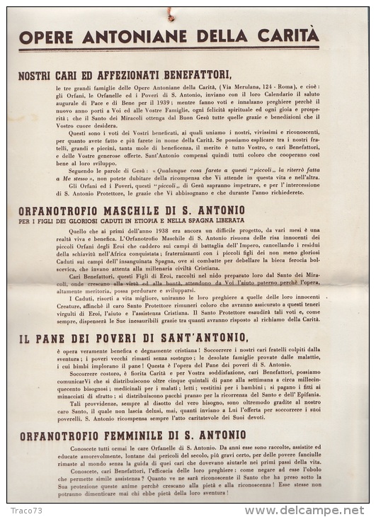 SANT'ANTONIO  /  Calendario Delle Opere Antoniane Di Carità  _  1939 - Tamaño Grande : 1921-40