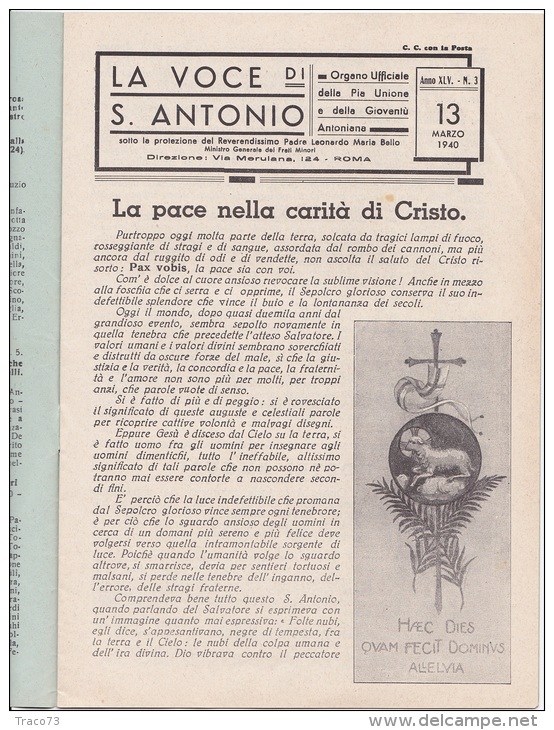 SANT´ANTONIO  /   Rivista "  La Voce Di S. Antonio "  Organo Ufficiale Della Pia Unione E Della Gioventù _ 13 Mar. 1940 - Altri & Non Classificati