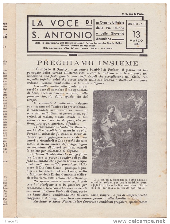 SANT´ANTONIO  /   Rivista "  La Voce Di S. Antonio "  Organo Ufficiale Della Pia Unione E Della Gioventù _ 13  Mar. 1941 - Autres & Non Classés