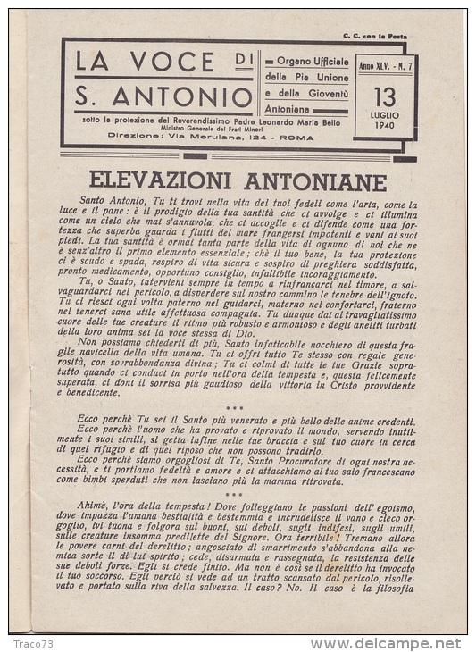 SANT´ANTONIO  /   Rivista "  La Voce Di S. Antonio "  Organo Ufficiale Della Pia Unione E Della Gioventù _ 13  Lug. 1940 - Altri & Non Classificati