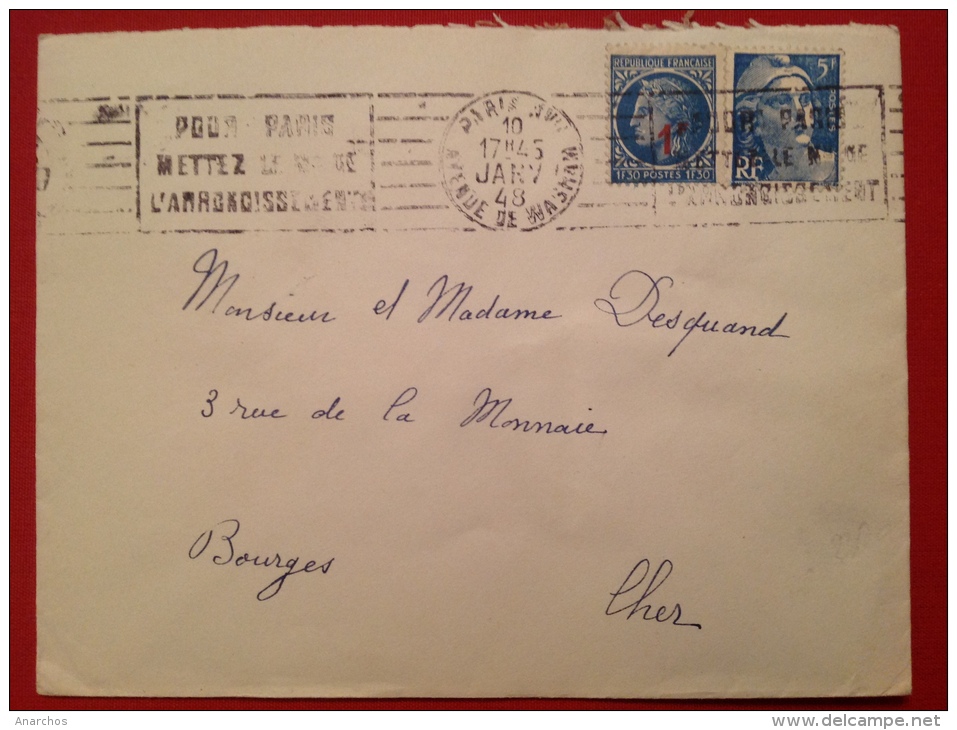 Lettre 75 PARIS Wagram 1948 Gandon 5F + Ceres Surchargé 1F - 1921-1960: Moderne