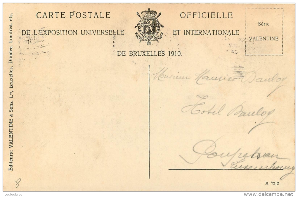 BRUXELLES EXPOSITION 1910 SECTION ALLEMANDE  AVEC CACHET POSTAL ENVOYEE A POUPEHAN HOTEL DANLOY FELICIE - Expositions Universelles