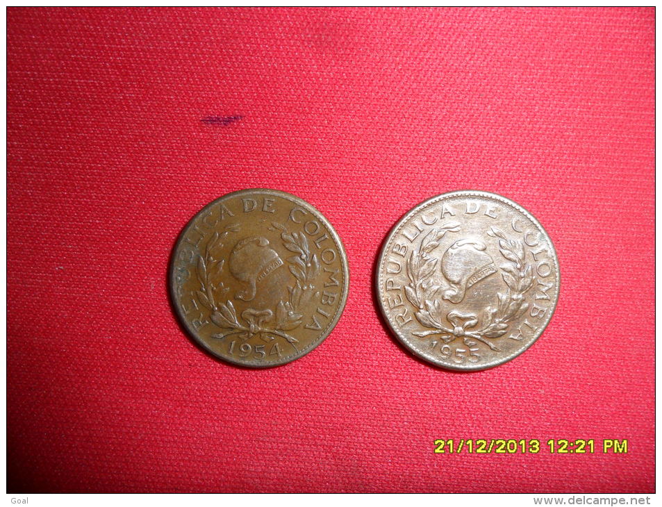 Lot De 2 Monnaies(dates Se Suivent)/ 5 Centavos Colombie De 1954=1 M D'exp. Et 1955 En TTB.+ - Colombia