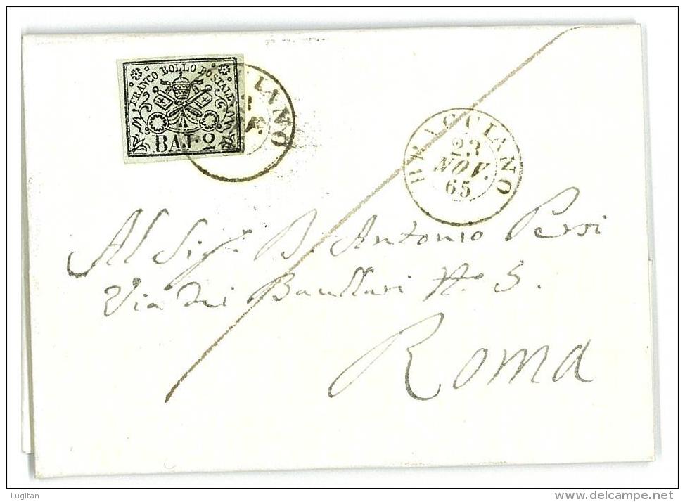 STORIA POSTALE - STATO PONTIFICIO - 1865 - SASS. 3Aa -  2 BAJ  BIANCO VERDASTRO  LETTERA DA BRACCIANO PER ROMA - Etats Pontificaux