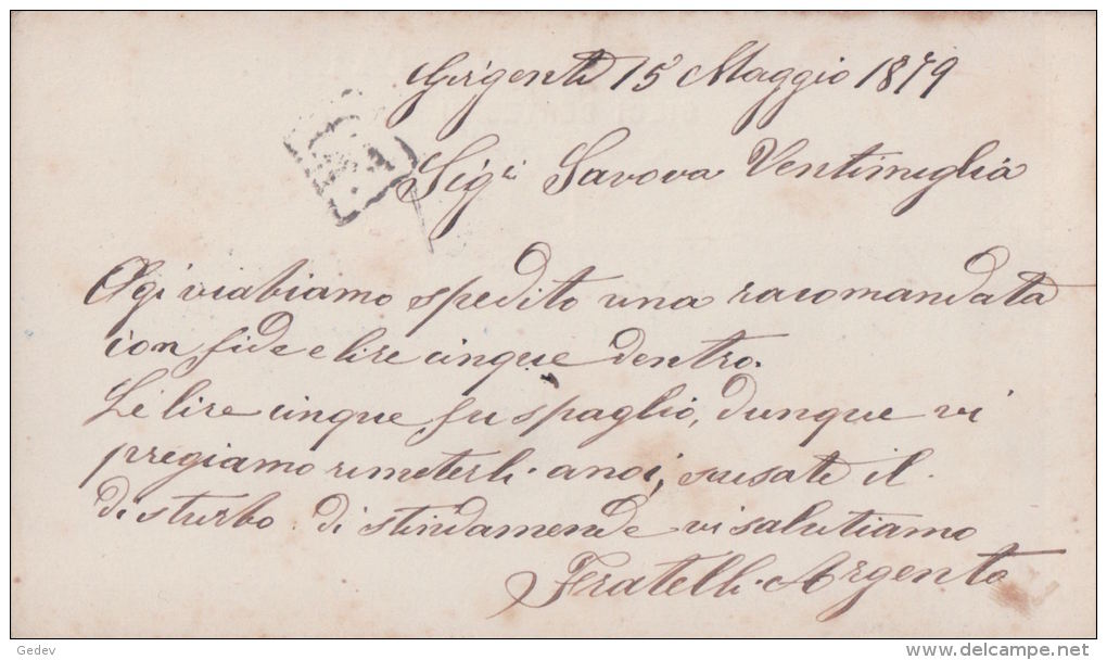 Entier Postal Italie, Cartolina Postale 10 Ct, Girgenti - Palermo (16579) - Interi Postali