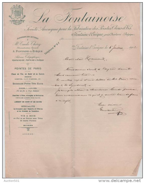 01043a Fontaine L´Evêque 1902 Lettre La Fontainoise S.A. Fabrication Des Pointes, Clous Et Vis - Non Classés