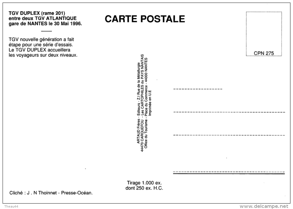 ¤¤  -  Gare De NANTES  -  30 Mai 1996  -  TGV - Duplex Avec 2 TGV A  -  Tirage Limité à 1000 Ex  -  ¤¤ - Trains
