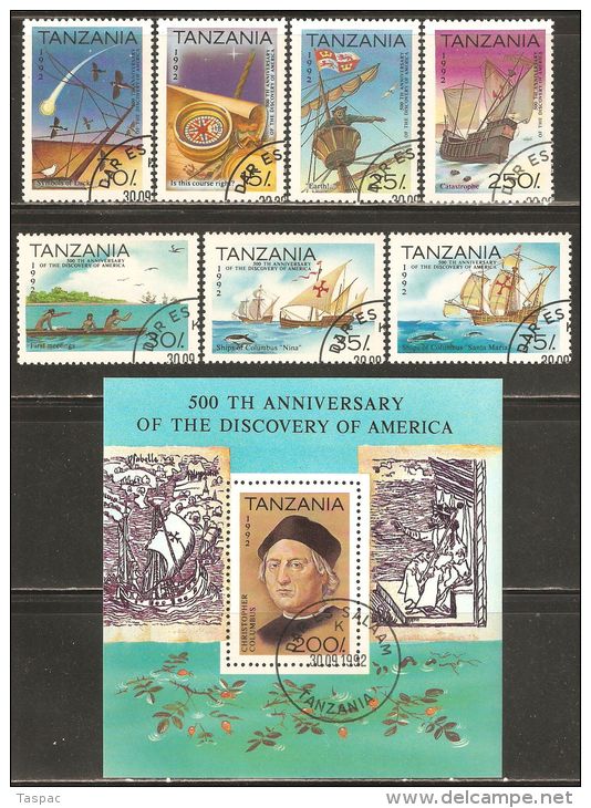 Tanzania 1992 Mi# 1298-1304, Block 189 Used - Discovery Of America, 500th Anniv. / Ships / Columbus - Cristóbal Colón