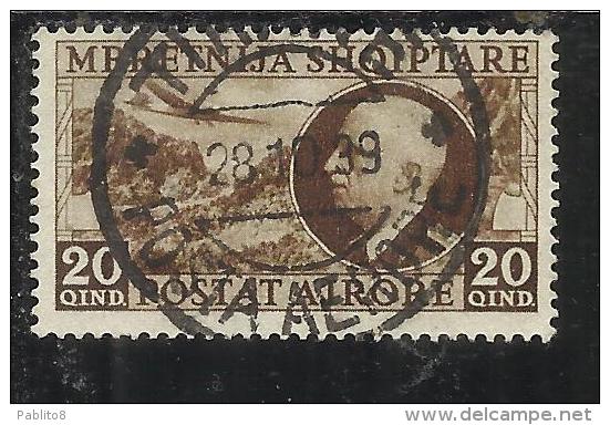 ALBANIA 1939 POSTA AEREA AIR MAIL RE VITTORIO EMANUELE III KING 20 Q USATO USED OBLITERE' - Albanie