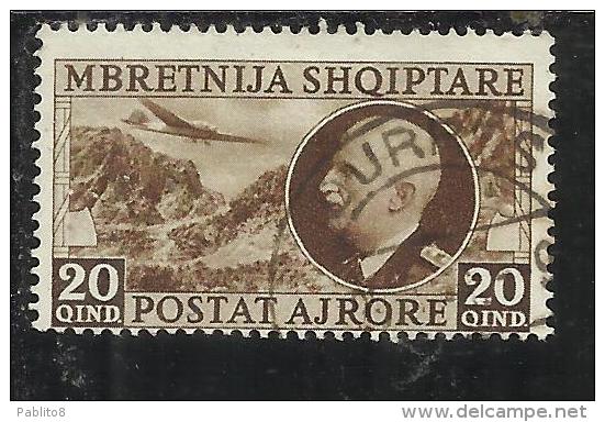 ALBANIA 1939 POSTA AEREA AIR MAIL RE VITTORIO EMANUELE III KING 20 Q USATO USED OBLITERE' - Albania