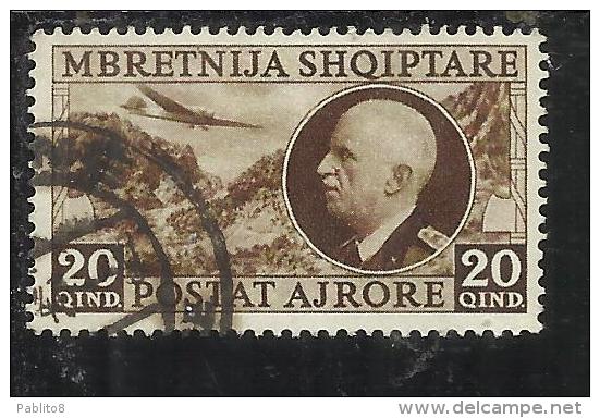 ALBANIA 1939 POSTA AEREA AIR MAIL RE VITTORIO EMANUELE III KING 20 Q USATO USED OBLITERE' - Albania