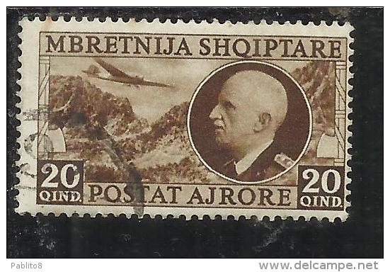 ALBANIA 1939 POSTA AEREA AIR MAIL RE VITTORIO EMANUELE III KING 20 Q USATO USED OBLITERE' - Albania