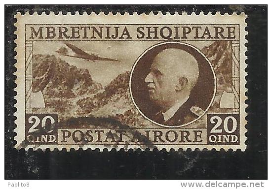 ALBANIA 1939 POSTA AEREA AIR MAIL RE VITTORIO EMANUELE III KING 20 Q USATO USED OBLITERE' - Albania