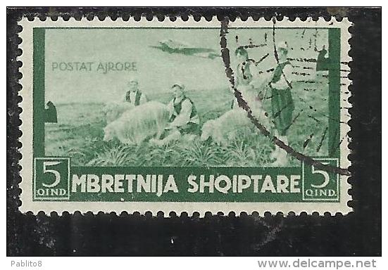 ALBANIA 1940 POSTA AEREA AIR MAIL SERIE ORDINARIA 5q USATO USED OBLITERE' - Albania