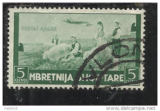 ALBANIA 1940 POSTA AEREA AIR MAIL SERIE ORDINARIA 5q USATO USED OBLITERE' - Albanie