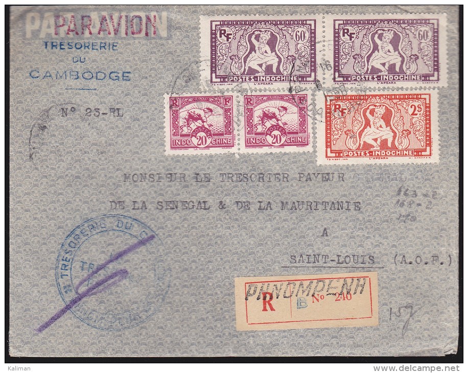 Indochine - Enveloppe Recommandée Oblitérée 1950 - N° 163 Par 2, 168 Par 2, 170 - Trésorerie Du Cambodge - Lettres & Documents