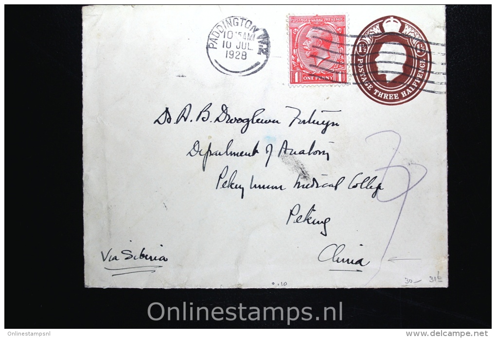 UK: Postal Stationary Cover 1928 Upgraded Paddington To Peking China, Via Siberia - Stamped Stationery, Airletters & Aerogrammes