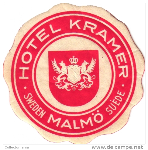 6 Hotel Labels Sweden ZWEDEN SUEDE Malmo  Kramer   Anglais   Arkaden   St Jorgen   Mariestad Stadshotellet    Bromna - Hotel Labels