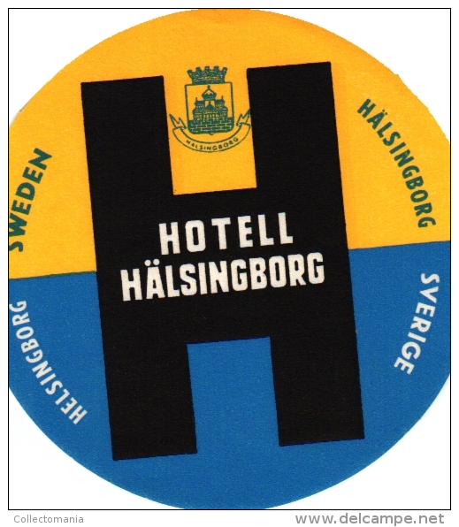 7 Sweden Zweden Suede Hotel Labels Hälsingborg  Fars Hatt  Vetlanda  Gösta Berling  Haparanda   Kristinehamn   Frimurare - Hotel Labels