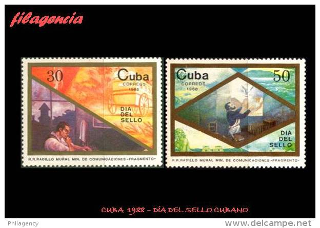 CUBA MINT. 1988-08 DÍA DEL SELLO CUBANO. PINTURA MURAL MINISTERIO DE COMUNICACIONES - Neufs