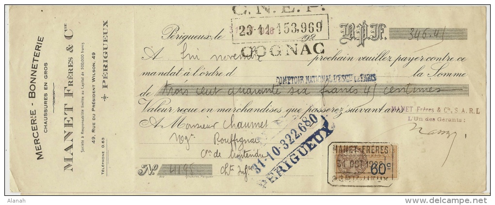 Mandat MANET Frères Mercerie Bonneterie 1928 Périgueux (24) - Lettres De Change