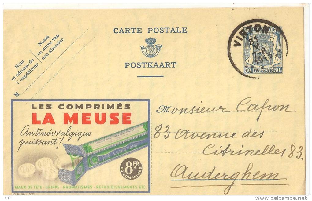 @ CARTE PUB N°2 LES COMPRIMES LA MEUSE  30/05/1943 ENVOYEE DE VIRTON - Virton