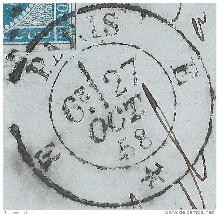 LT4084  N°14/lettre De PARIS, Oblit Losange E, Avec Cachet 1521, Du 27 Oct 1858, Au Dos Cachet Perlé De RILLE - 1849-1876: Période Classique