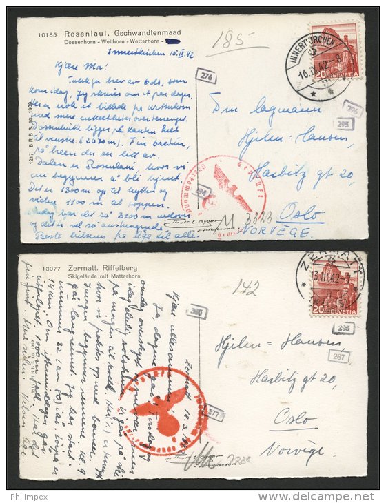SWITZERLAND, 12 CENSORED POSTCARDS TO NORWAY 1940-43 - Briefe U. Dokumente