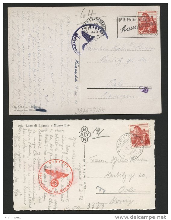 SWITZERLAND, 12 CENSORED POSTCARDS TO NORWAY 1940-43 - Lettres & Documents