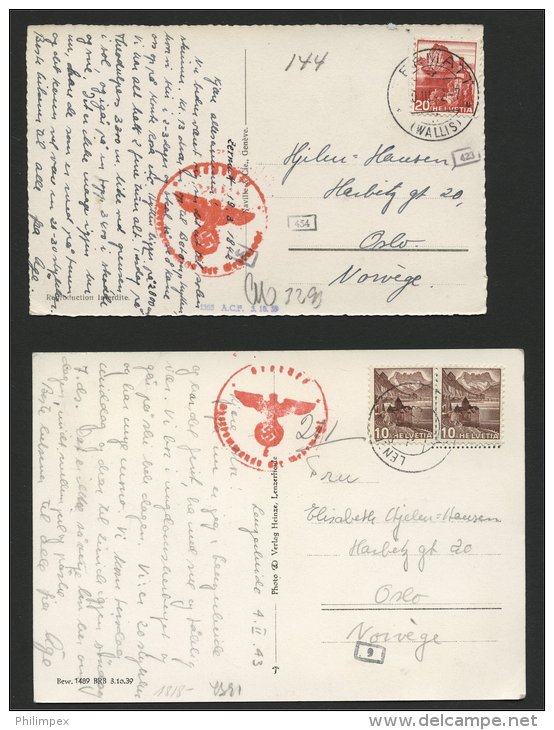 SWITZERLAND, 12 CENSORED POSTCARDS TO NORWAY 1940-43 - Lettres & Documents