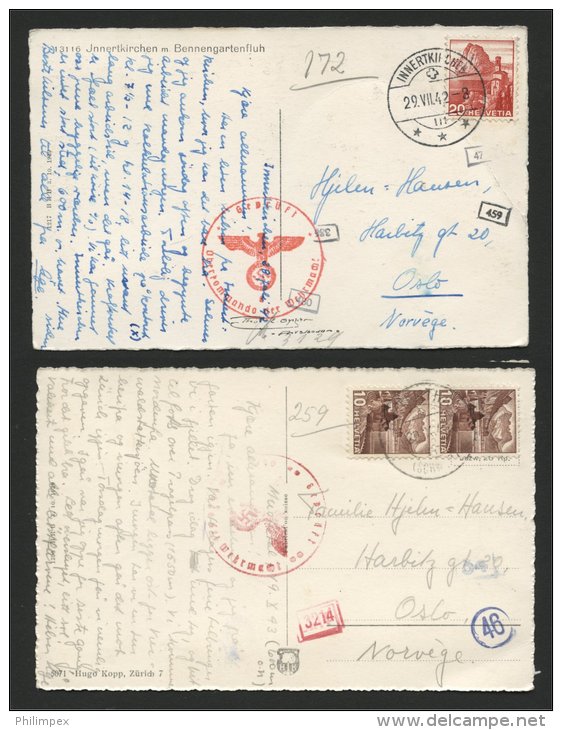 SWITZERLAND, 12 CENSORED POSTCARDS TO NORWAY 1940-43 - Lettres & Documents