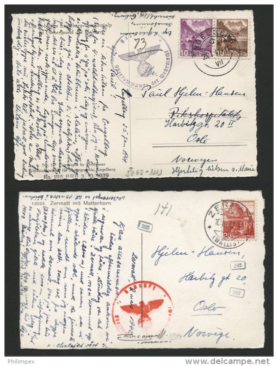 SWITZERLAND, 12 CENSORED POSTCARDS TO NORWAY 1940-43 - Brieven En Documenten