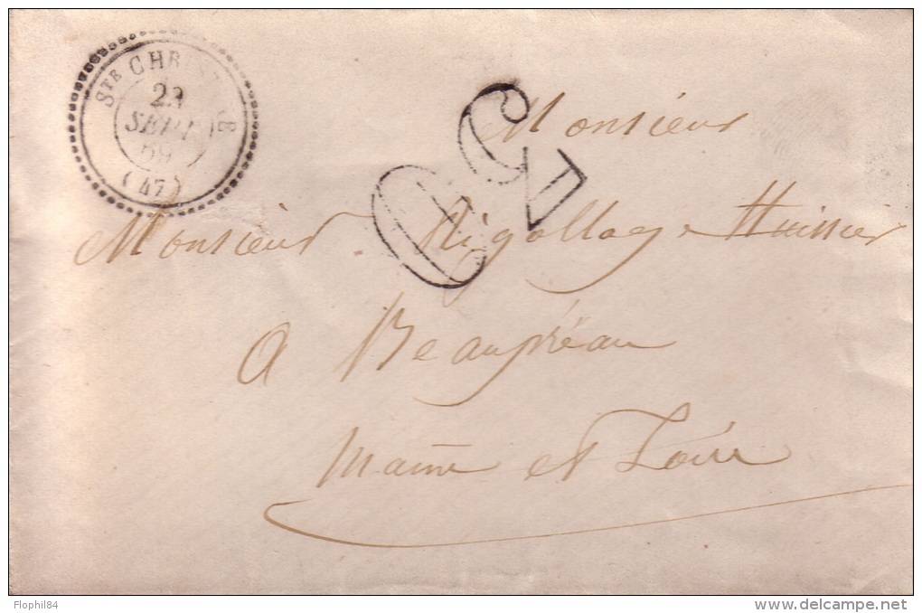 MAINE ET LOIRE - SAINTE CHRISTINE T22 DU 23-9-1869 + TAXE 30 DOUBLE TRAIT + BUREAU DE PASSE 99 AU VERSO-ENVELOPPE OUVER. - 1859-1959 Storia Postale